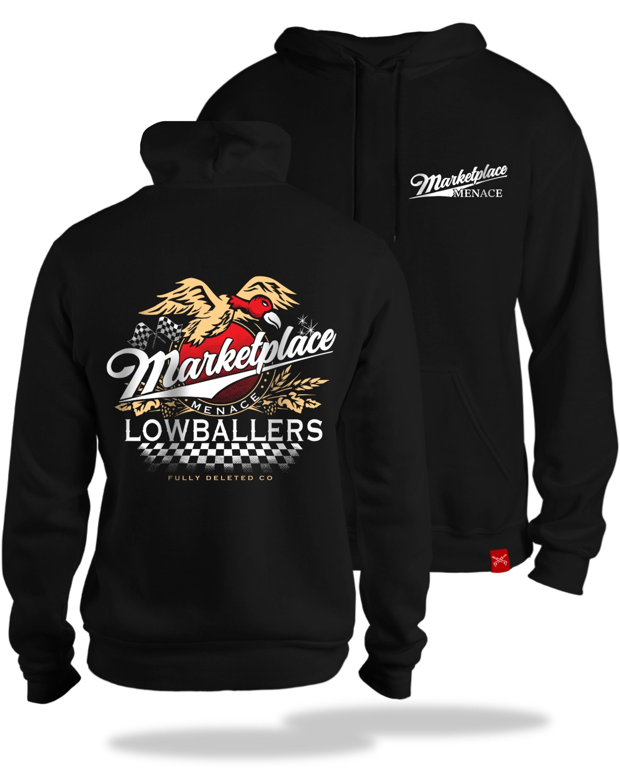 Black hoodie with branding and graphics on the front and back, displayed on a white background.