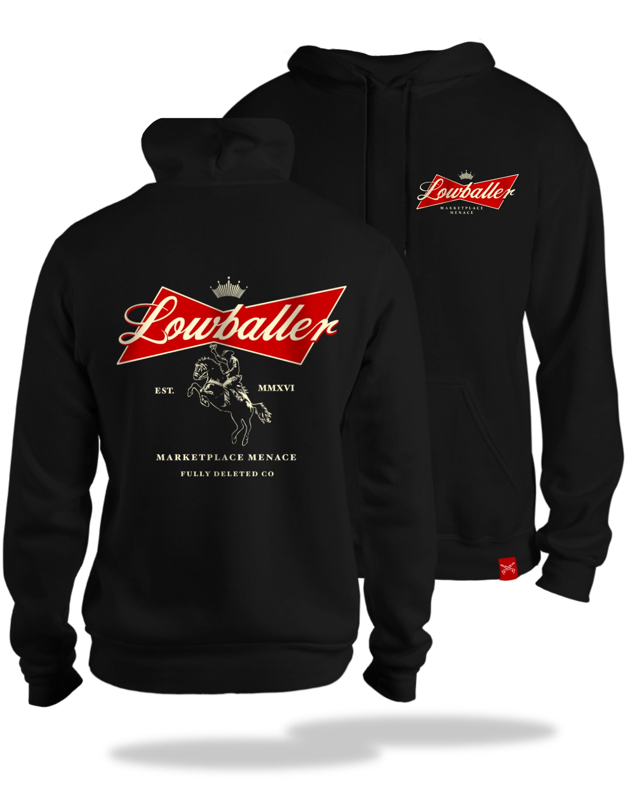 Black hoodie with 'Lowballer' logo and branding on a white background