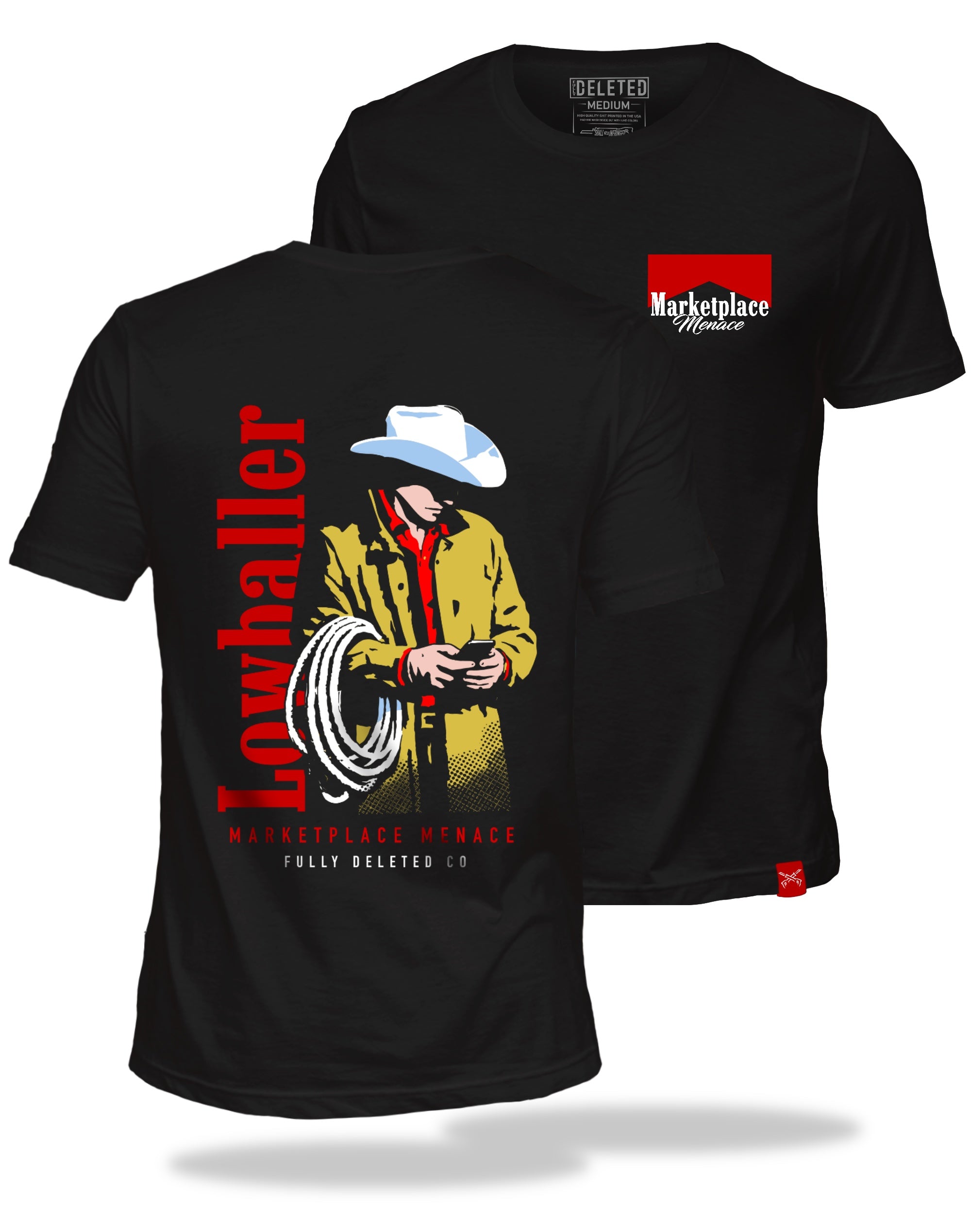 Black t-shirt with a graphic of a cowboy and text 'Lowholler' on a white background.