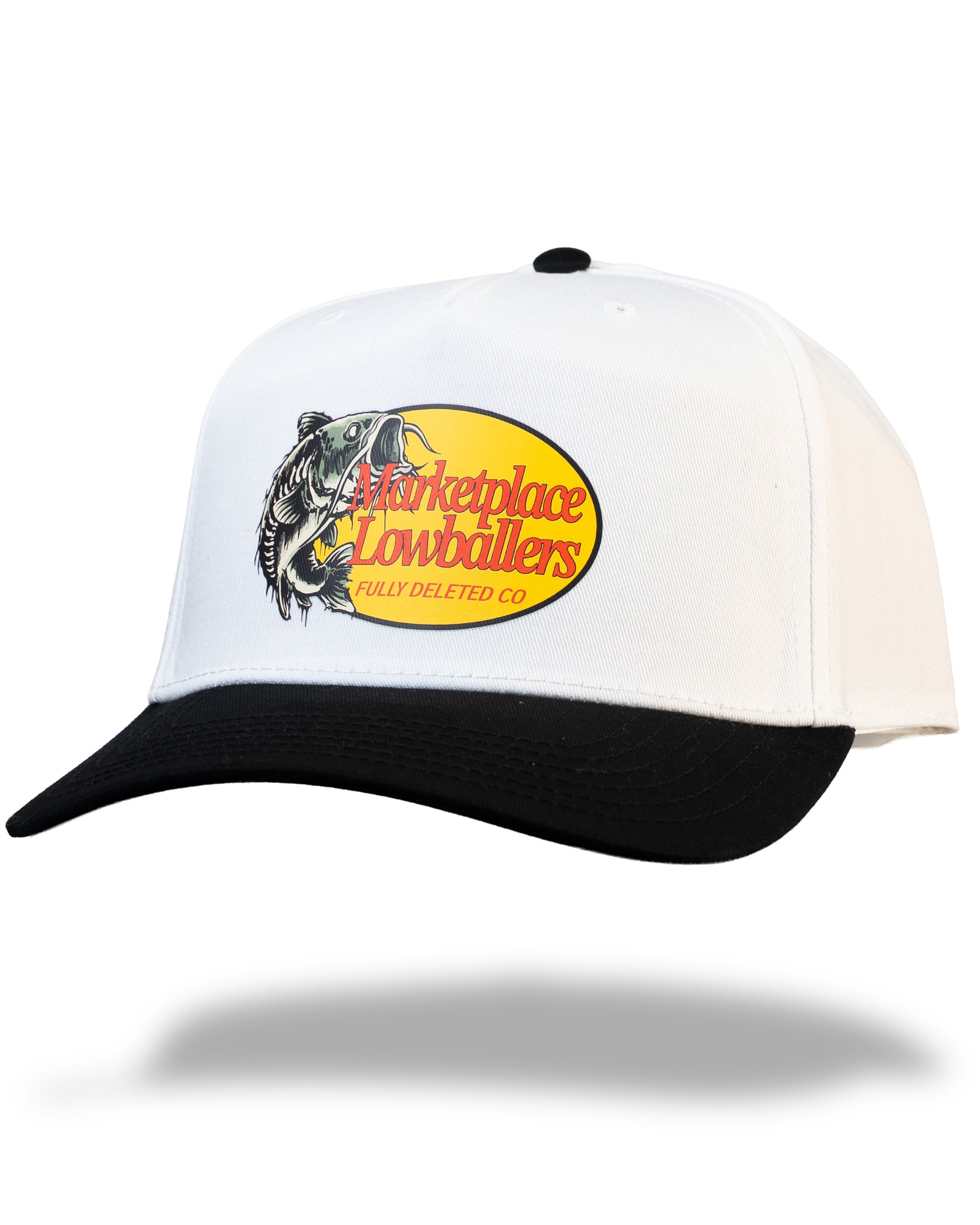 White and black cap with a yellow logo on a white background