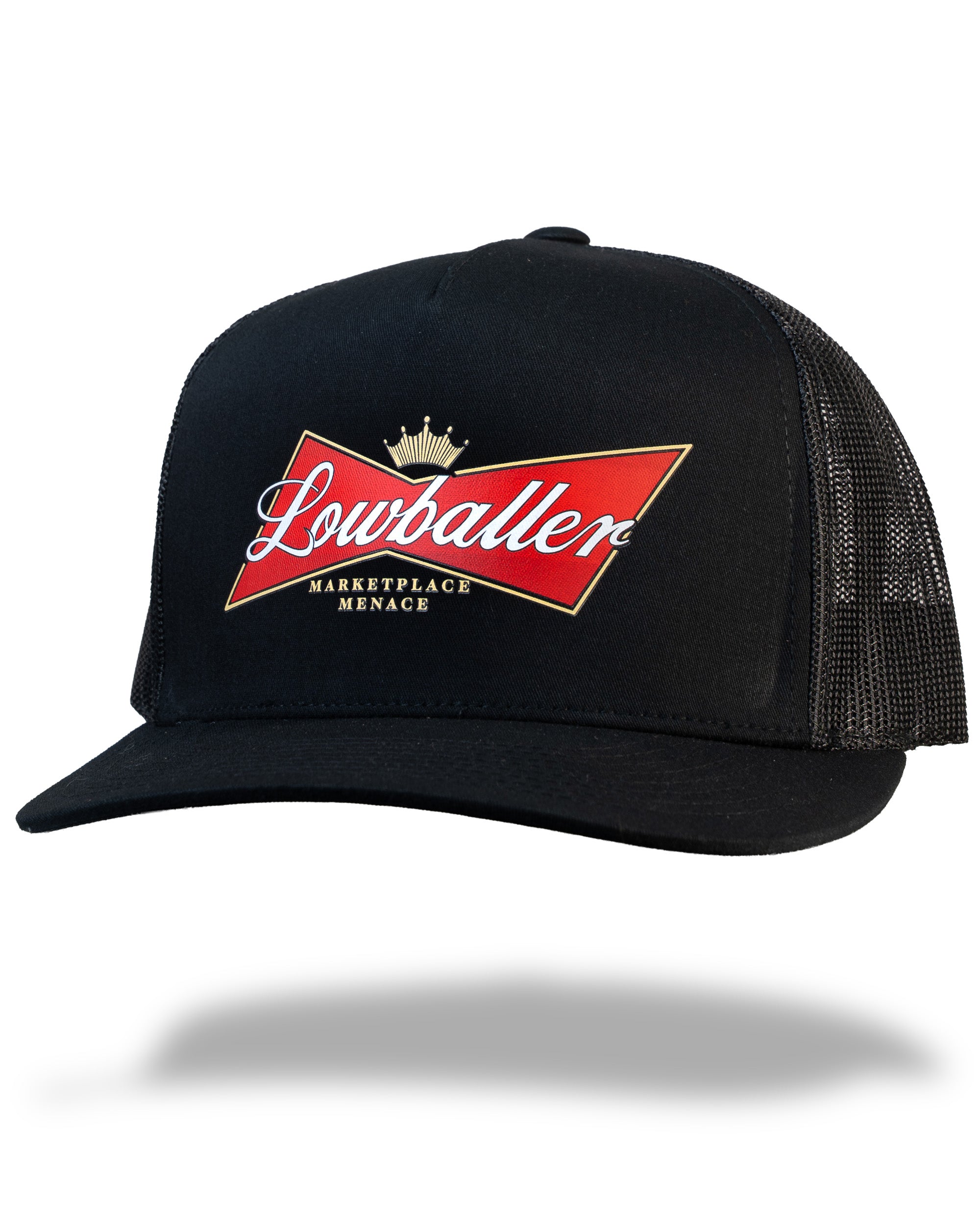 Black trucker cap with a red and white logo on a white background