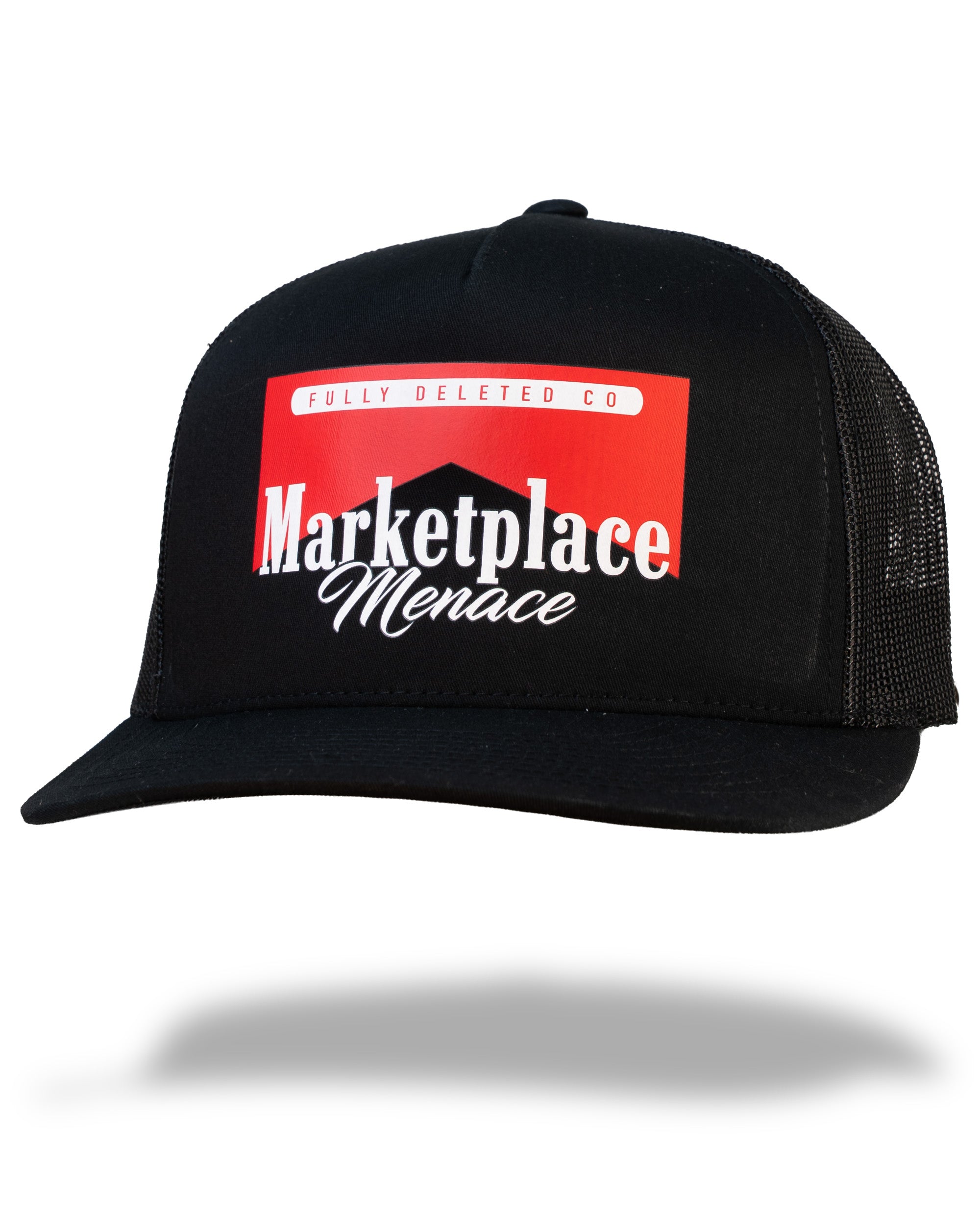 Black trucker cap with red and white logo on a white background