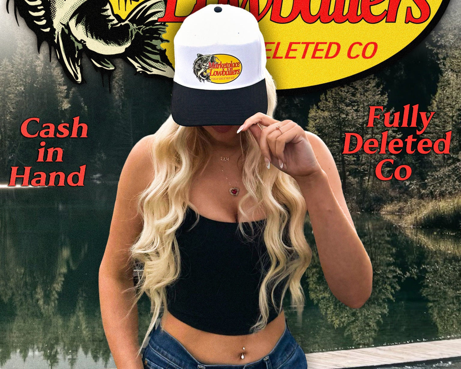 Person wearing a cap with a logo and text, standing in front of a fishing-themed backdrop.