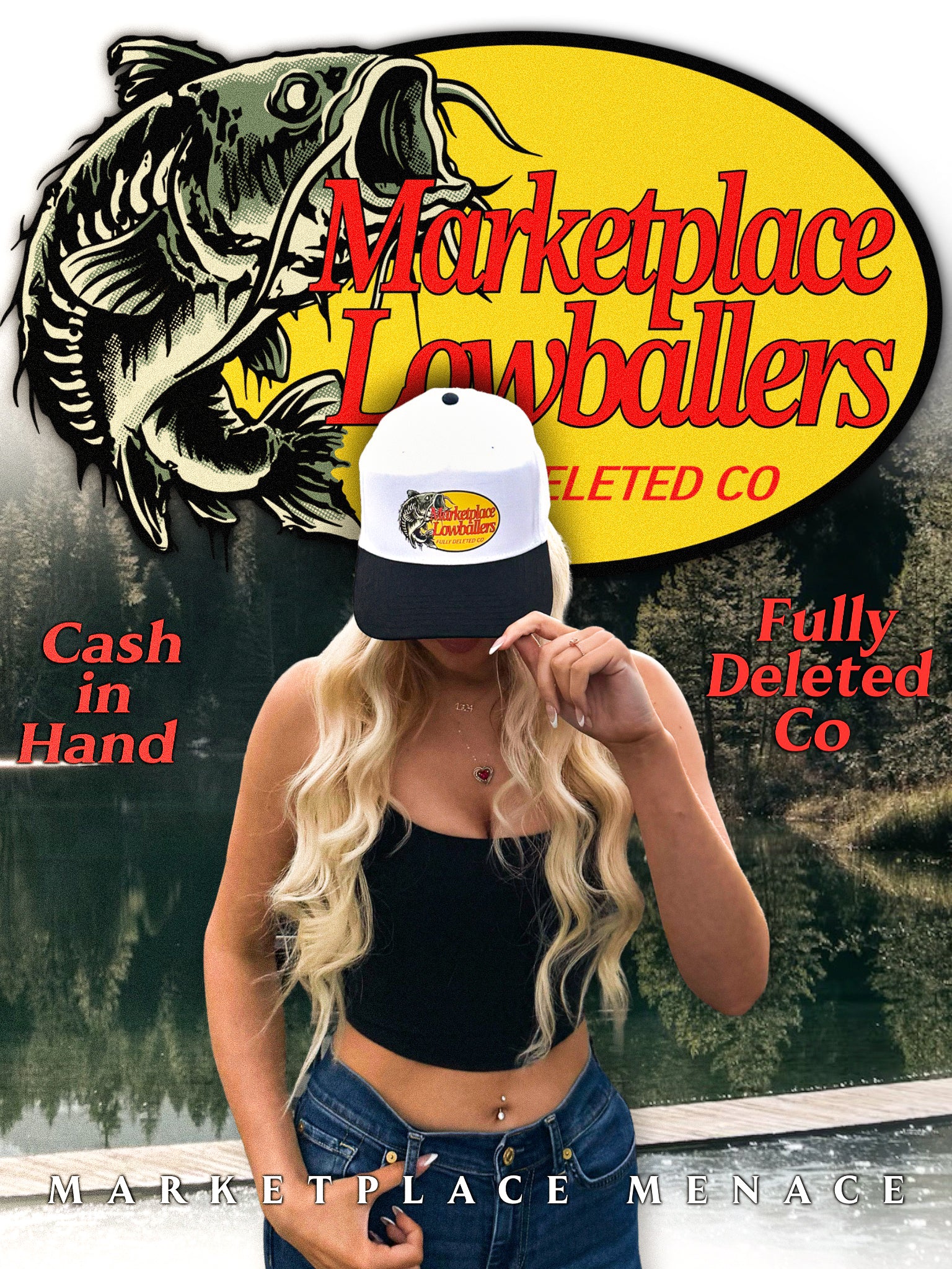 Person wearing a cap with a logo and text, standing in front of a fishing-themed backdrop.