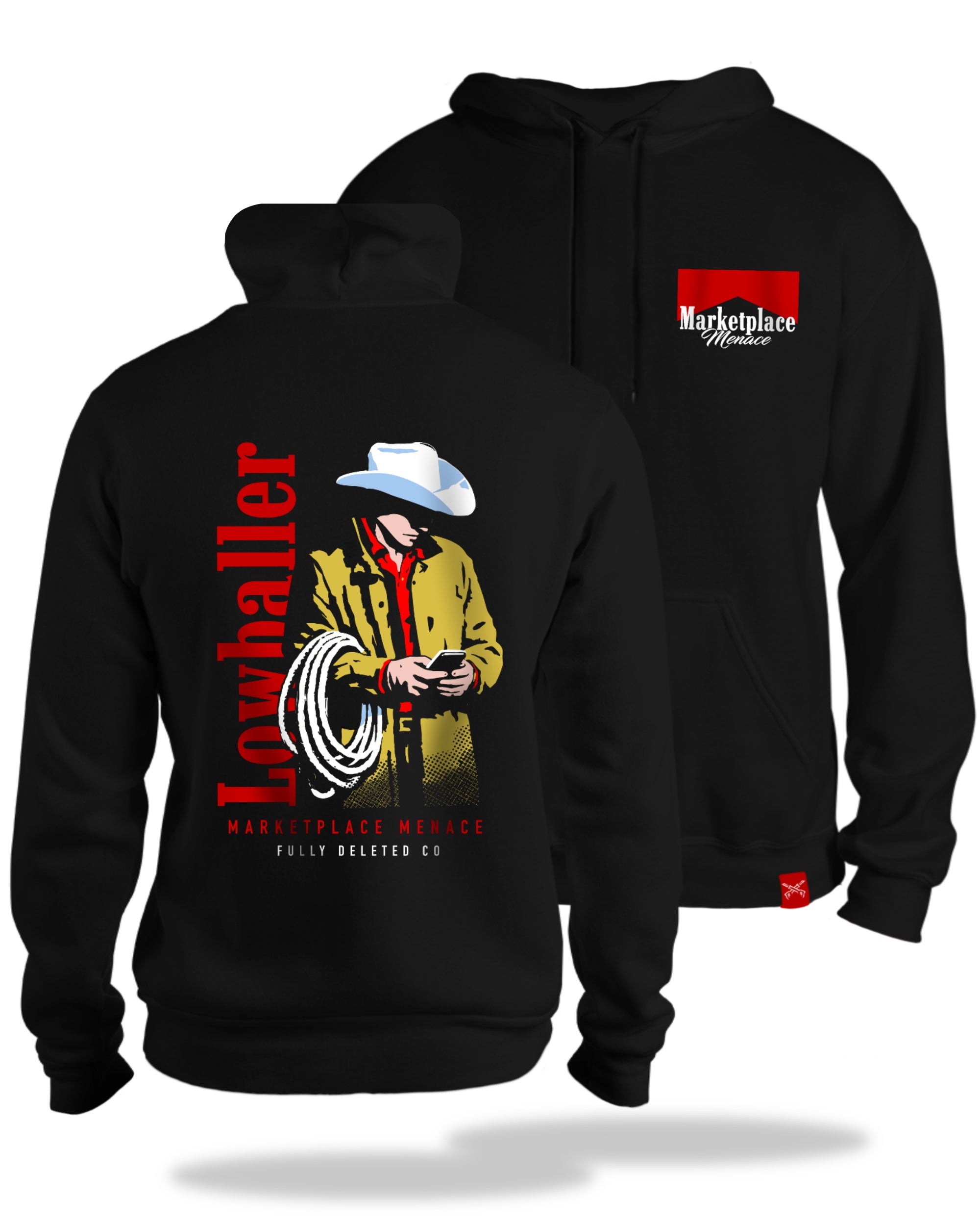 Black hoodie with a cowboy graphic and 'LowBaller' text on the back, displayed front and back.