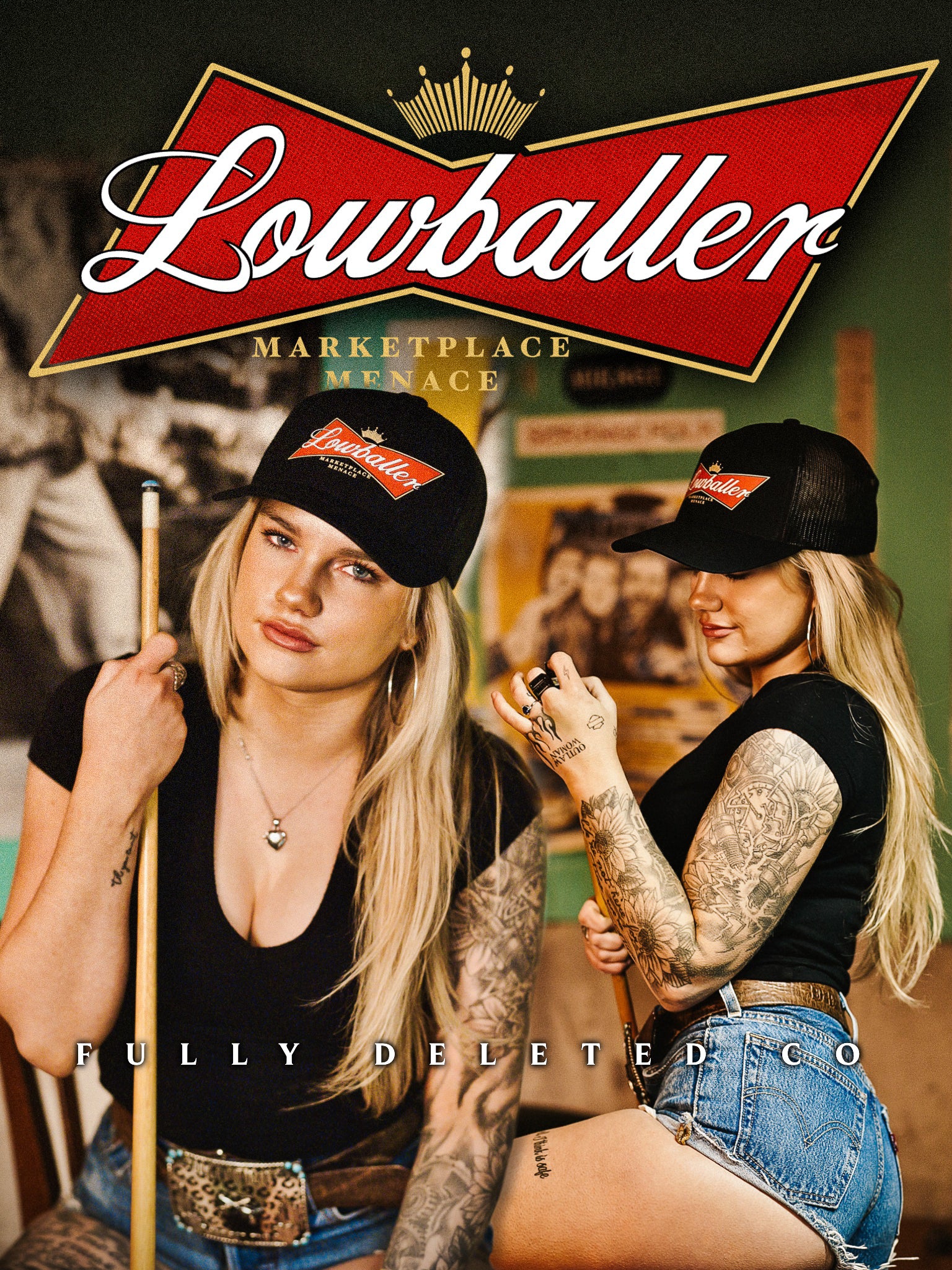 Two women wearing 'Lowballer' hats with a pool cue and bottle in a vintage setting.