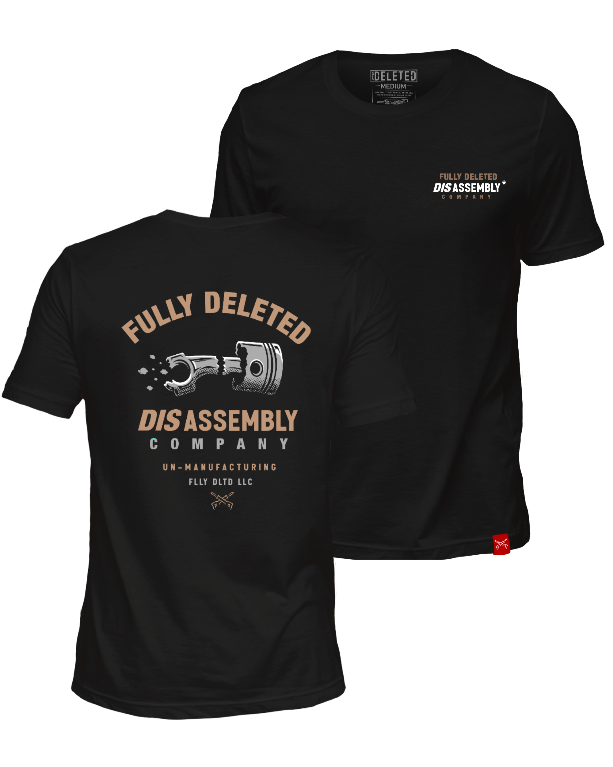Black short-sleeve t-shirt shown from both front and back. The front features a small white 'DELETED' brand logo on the left chest, and the back features a large graphic with a piston illustration and the text 'FULLY DELETED DISASSEMBLY COMPANY' in tan and white.