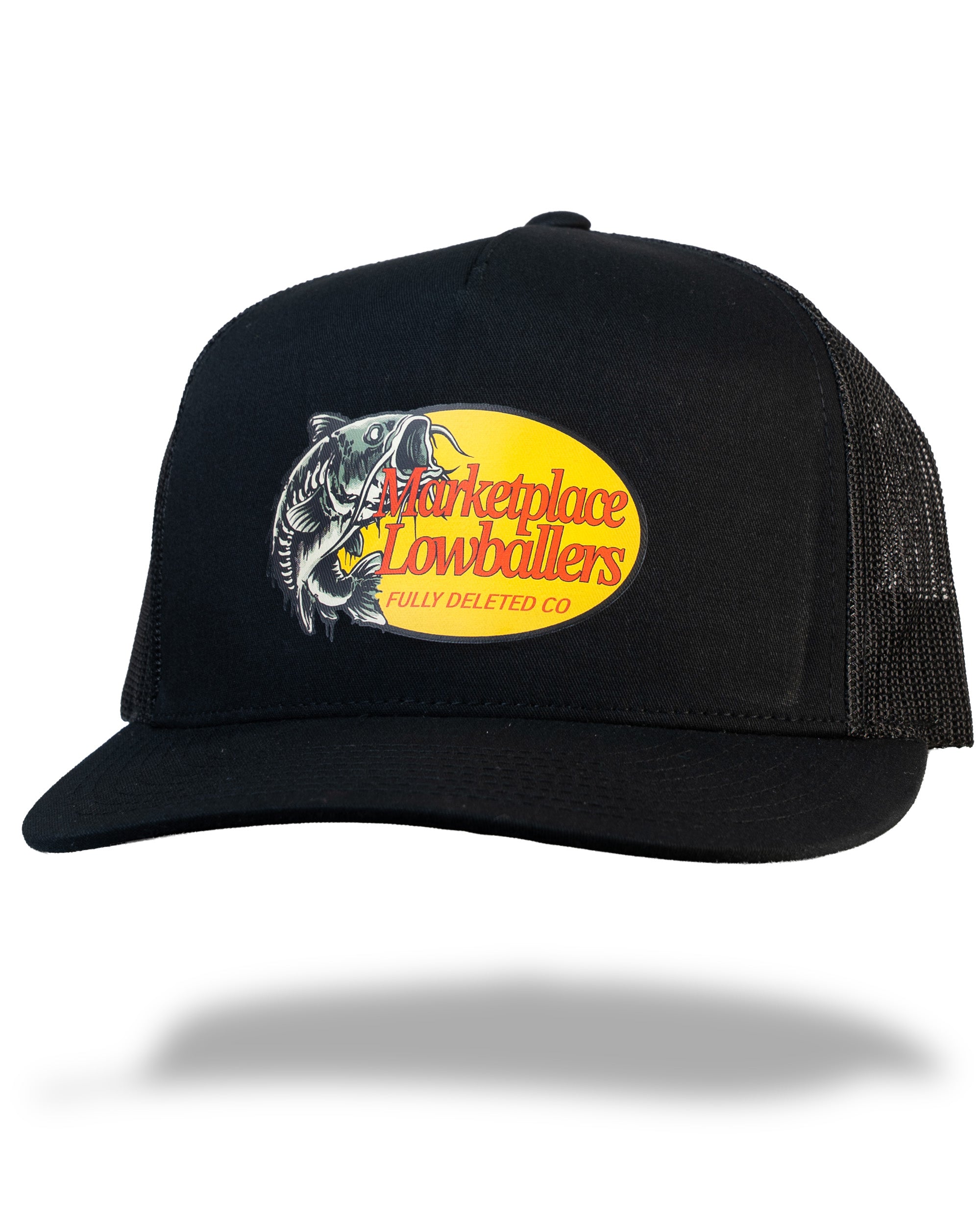 Black trucker cap with a yellow logo featuring a fish on a white background